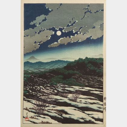 Hasui: A Moonlit Sky with Storm Clouds over Snow-patched Hills