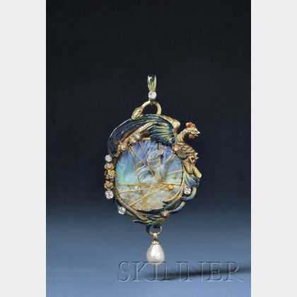 Fine Art Nouveau 18kt Gold, Carved Opal, Enamel, Pearl, and Diamond Pendant