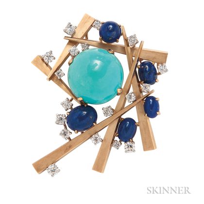 18kt Gold, Turquoise, Lapis, and Diamond Brooch, Marianne Ostier
