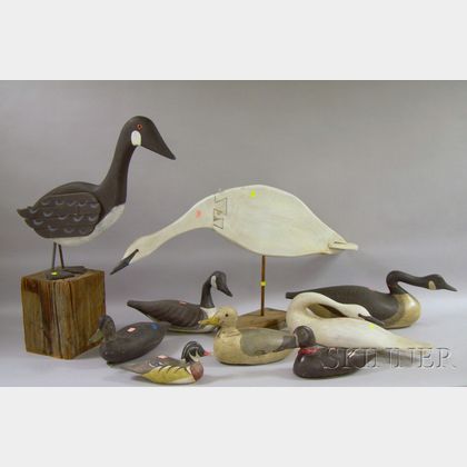 Nine Assorted Carved and Painted Wooden Goose and Duck Decoys
