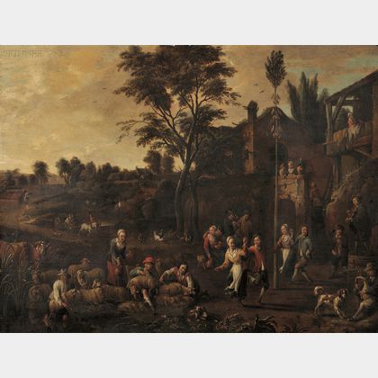 Manner of David Teniers the Younger (Flemish, 1610-1690) Peasants Dancing Outside a Village Gate