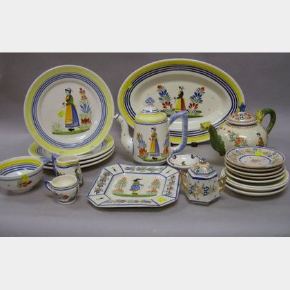 Ninety-four Piece Quimper Decorated Ceramic Partial Dinner Service. 