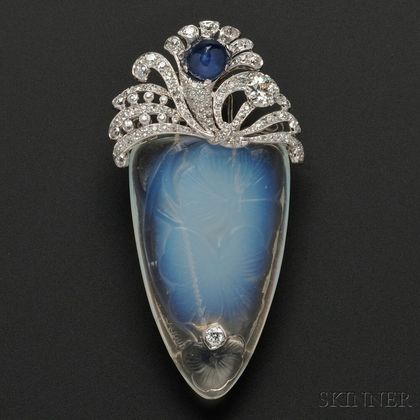 Sapphire, Diamond, and Molded Glass Clip Brooch