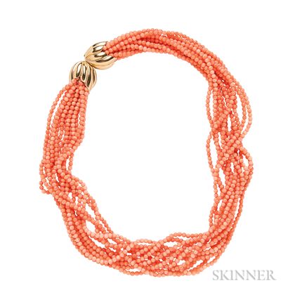 Coral Torsade Necklace with 14kt Gold Clasp