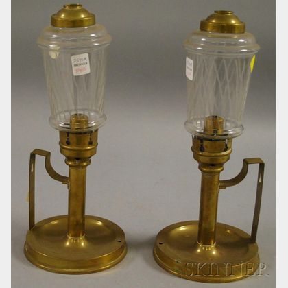 Pair of Brass Bracket Candleholders with Etched Colorless Glass Shades