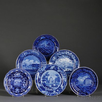 Six Historical Blue Staffordshire Pottery Transfer-decorated Plates