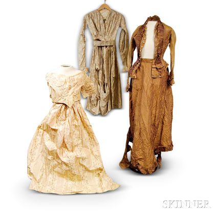 Five Victorian Printed Dresses and a White Silk and Lace Skirt