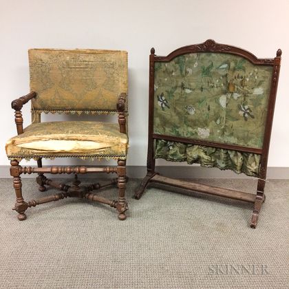Louis XIII-style Upholstered Walnut Open Armchair and a Louis XVI-style Fire Screen