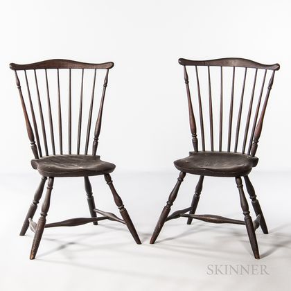 Pair of Red/brown-painted Fan-back Windsor Chairs