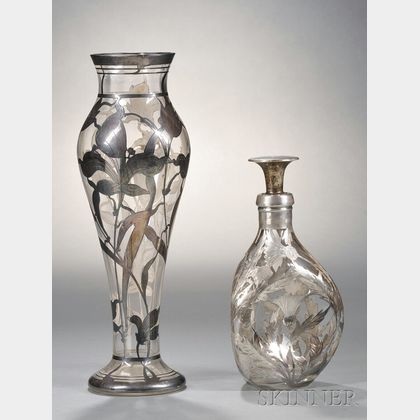 English Sterling Silver Overlaid Colorless Glass Vase and Decanter