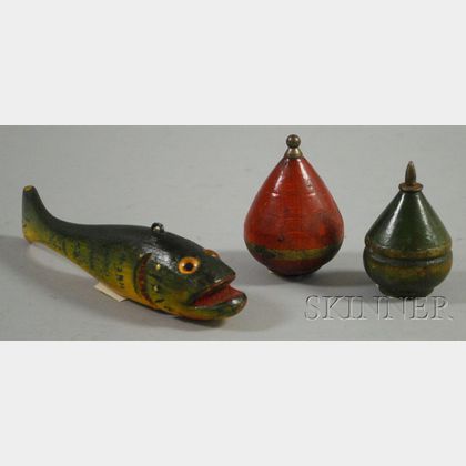 Carved Wooden Fish Decoy and Two Painted Turned Wood Tops