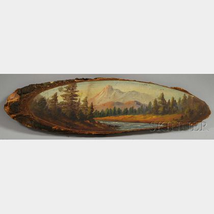 J.L. Green Painted Rustic Pine Slab Panel Depicting a Mountain Landscape