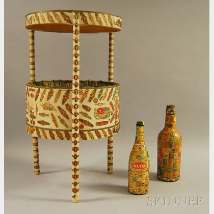 Folk Art Cigar Band-decorated Sewing Stand and Two Paper-clad Glass Bottles