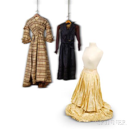Two Victorian Silk Dresses and a White Silk and Lace Skirt