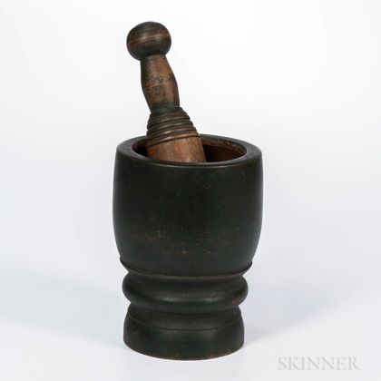 Turned and Green-painted Mortar and Pestle