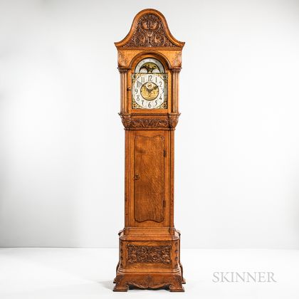 Carved Oak Quarter-chiming Hall Clock