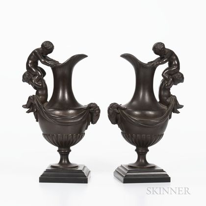 Pair of Maison Alphonse Giroux Bronze Figural Ewers