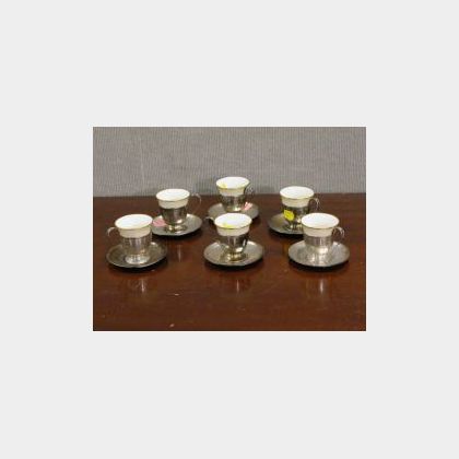 Set of Six Sterling Silver Demitasse Frames and Saucers with Lenox Gilt Porcelain Inserts. 