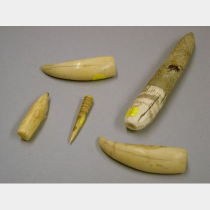 Sailors Carved Whale-form Implement Handle and Nib, Two Whales Teeth, and a Japanese Carved and Inlaid Ivory-... 