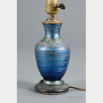 Iridescent Blue Threaded Art Glass Boudoir Table Lamp