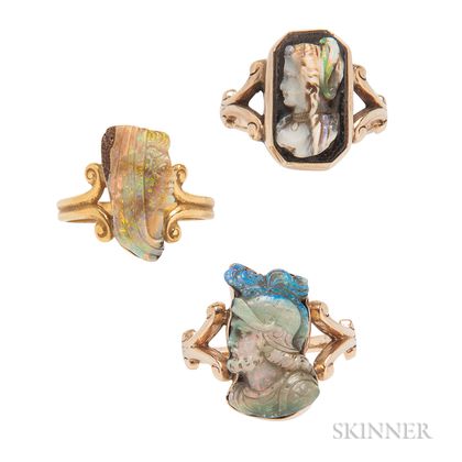 Three 14kt Gold and Carved Opal Rings