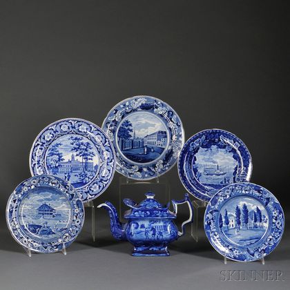 Six Transfer-decorated Historical Blue Staffordshire Pottery Items