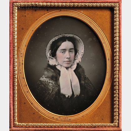 Two Daguerreotypes: American School, 19th Century, Sixth-plate Daguerreotype of a Woman Wearing a Bonnet