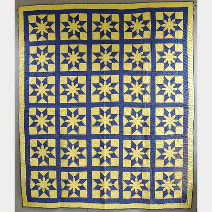 Yellow and Blue "Star Dahlia" Patchwork Cotton Quilt
