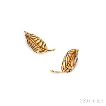 Two 18kt Gold and Diamond Leaf Brooches, Mauboussin