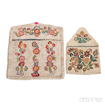 Two Canadian Cree or Ojibwa Silk-embroidered Hide Pockets