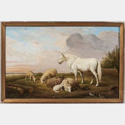 European/American School, 19th Century White Horse with Grazing Sheep