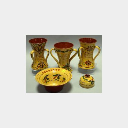 Aller Vale Motto Ware Daisy Bowl, Ink Pot, and Two Three-Handled Vases, and a Torquay Motto Ware Three-Handled Vase. 