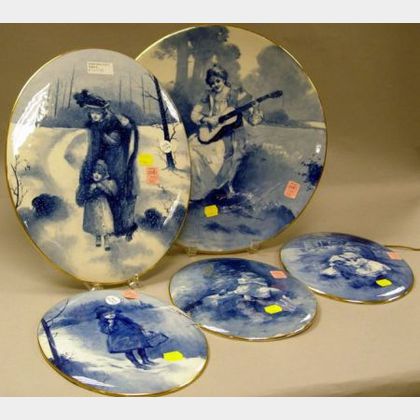 Four Doulton Burslem Oval Handpainted Blue and White Scenic Wall Plaques Depicting Children and a Royal Doulton Handpainted Blue and Wh