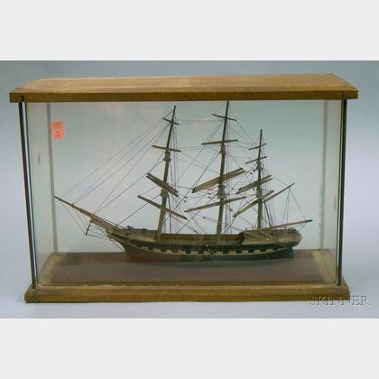 Cased Painted Wooden Model of a Three-masted Sailing Ship