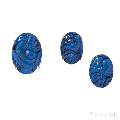 14kt Gold and Carved Lapis Ring and Earrings