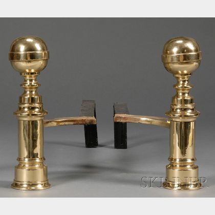 Pair of American Classical Belted Ball-top Brass Andirons