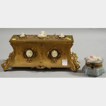 Gold-painted French-style Profile Medallion-mounted Metal Jewelry Casket and a Small Painted Molded Glass Trinket Box