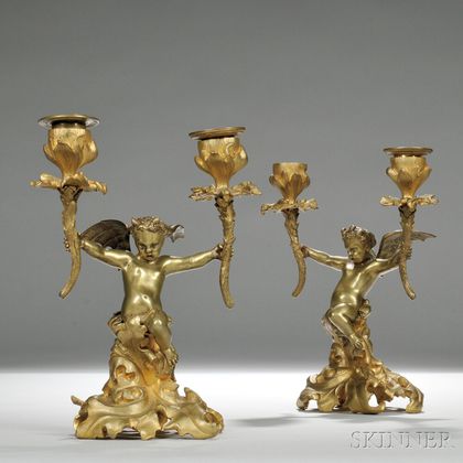 Pair of French 19th Century Gilt-bronze Figural Two-light Candlesticks