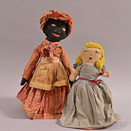 Black and White Topsy Turvy Cloth Doll, a Black Rag Doll, and a Black Bottle Doll