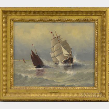 Marshall Johnson Jr. (American, 1850-1921) Clipper Ship and Fishing Vessels at Sea