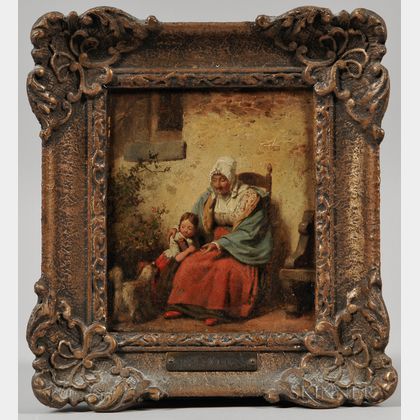 Petrus Marius Molijn (Dutch, 1819-1849) Seated Grandmother with Young Girl and a Dog Seeking a Treat