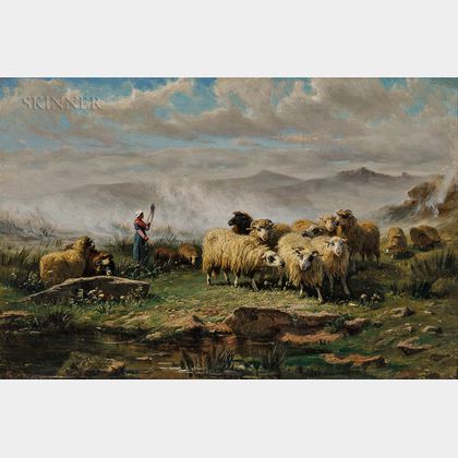 August Friedrich Albrecht Schenck (Danish, 1828-1901) Shepherdess and Flock in a Misty Meadow