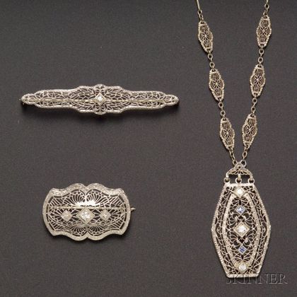 Art Deco 14kt White Gold and Diamond Filigree Jewelry