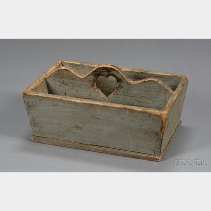 Gray-painted Pine Cutlery Box with Cut-out Heart Handle