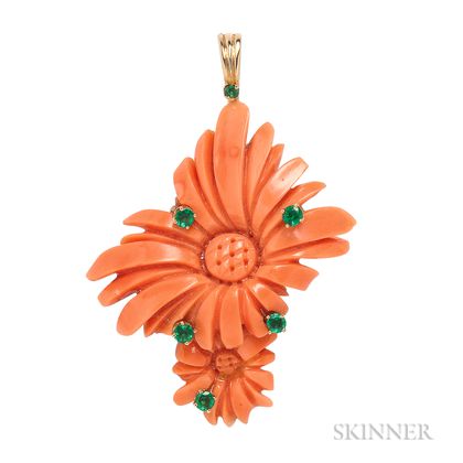 18kt Gold, Coral, and Emerald Flower Pendant, Henry Dunay