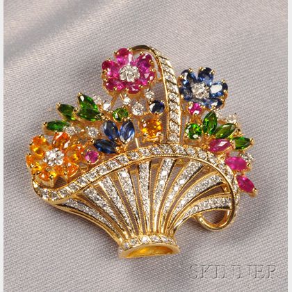 18kt Gold, Diamond and Gem-set Floral Basket Brooch