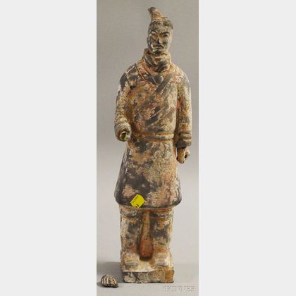Chinese Tomb-style Painted Black Pottery Standing Warrior Figure