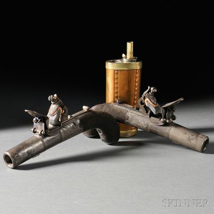 Pair of English Flintlock Pistols with Engraved Brass Powder Flask