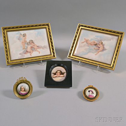 Two Porcelain Portrait Medallion of a Man and Woman and Three Plaques of Putti