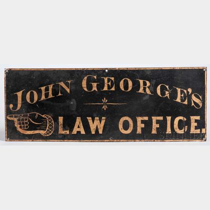 Black-painted and Gilt Tinned Sheet Iron "JOHN GEORGE'S LAW OFFICE." Sign